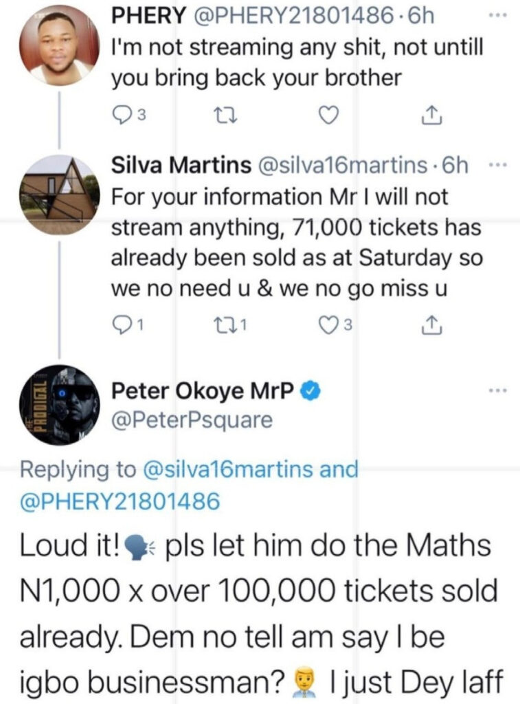 Singer, Peter Okoye replies fan who said he won't stream his music until he reunites with his twin