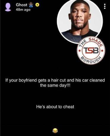 “If your boyfriend gets a haircut and his car cleaned same day, he’s about to cheat” – Anthony Joshua