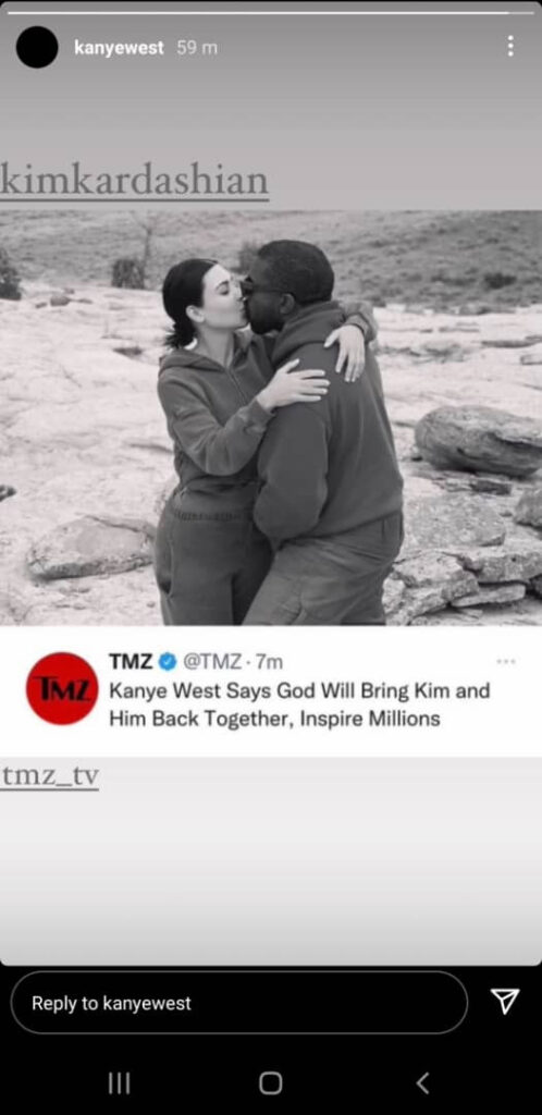 Kanye West shares kissing photo with Kim Kardashian and tags her to an article saying that ‘God will bring them back together’