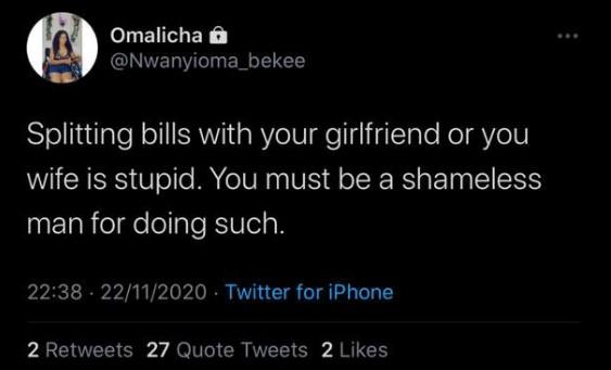 You are a shameless man if you ask a woman to pay some bills” – Nigerian lady says