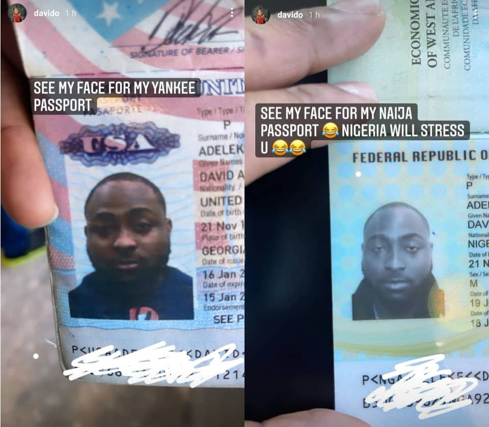 “Nigeria will stress you”- Davido says as he shares the different ‘faces’ he wore on his American and Nigerian passport Davido shared photos from his American and Nigerian passports. In the photos, he looked settled in the photo on his American passport. He however looked sleepy in the photo on his Nigerian passport. ''See my face for my Naija passport. Nigeria will stress you''he wrote