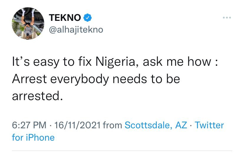 Tekno writes on how 'fix' Nigeria,