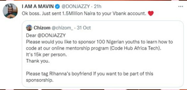 Don Jazzy Empowers 100 Youths With N1.5 Million To Learn Coding