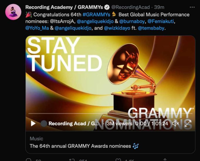 64th Grammy: Tems, Wizkid, Burna Boy Gets Nominations