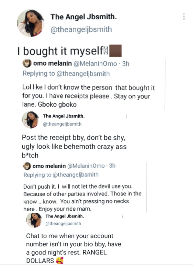 Conversation between Angel and lady who threatened to reveal identity of who bought her new Range Rover (Screenshot)