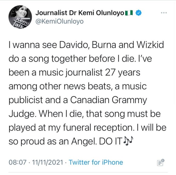 “I want Wizkid, Davido and Burna Boy to do a song together before I die” – Kemi Olunloyo