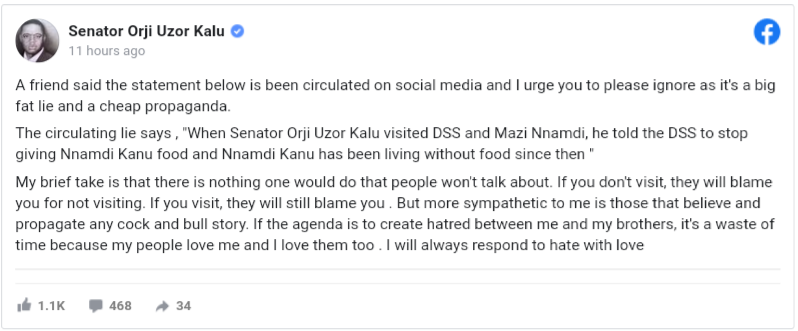 It's a 'Big fat lie' -Orji Uzor Kalu denies telling DSS not to feed Nnamdi Kanu