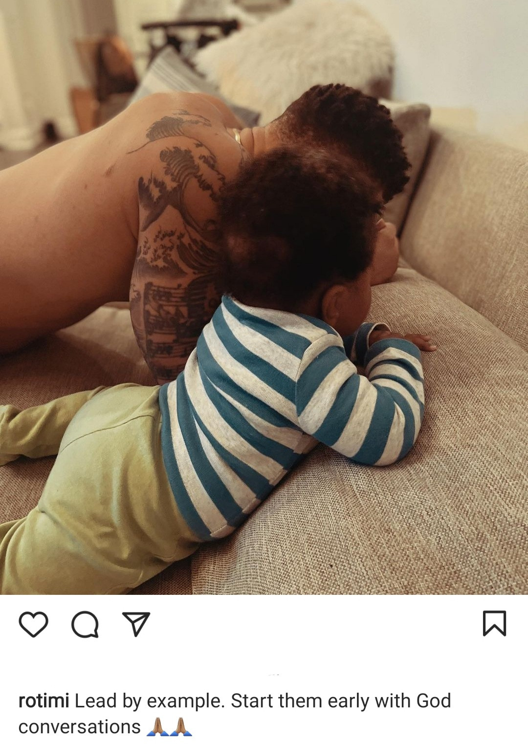 "Start them early with God" Rotimi says as he shows his months-old son ''praying'' with him