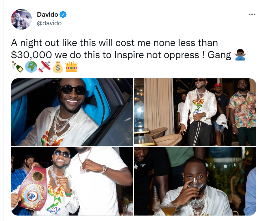 Davido gives reason he spends over 30,000 (N17m) on some night outing