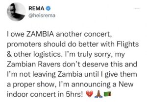 ENTERTAINMENT: Rema Apologizes To Angry Zambian Fans After Pulling A Wizkid Move On Them