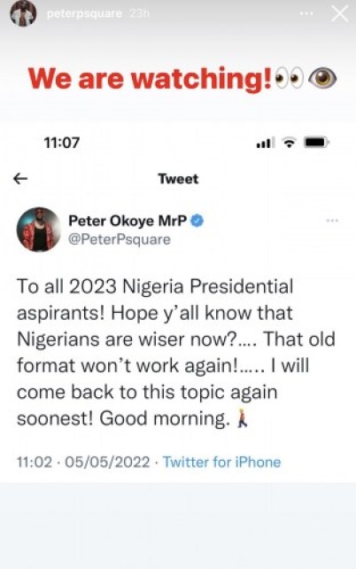 ENTERTAINMENT: Mr P sends message to 2023 Nigerian Presidential Aspirants Who Got The #100 Million Form