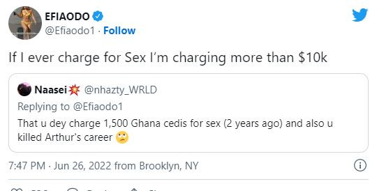 If I ever charge for s3x, I'm charging more than $10,000 – Efia Odo reacts to rumor of charging $1,500 for s3x two years ago