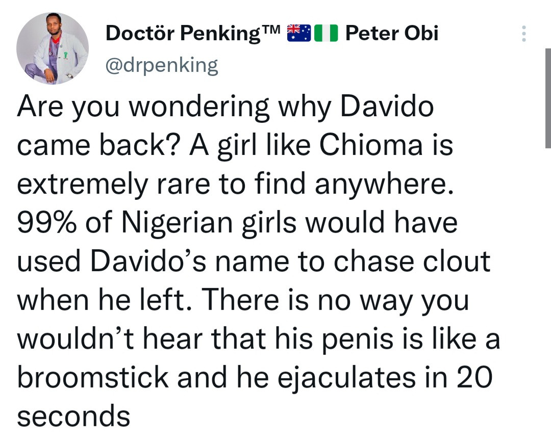 Why Davido returned to Chioma after break up - Nigerian doctor writes