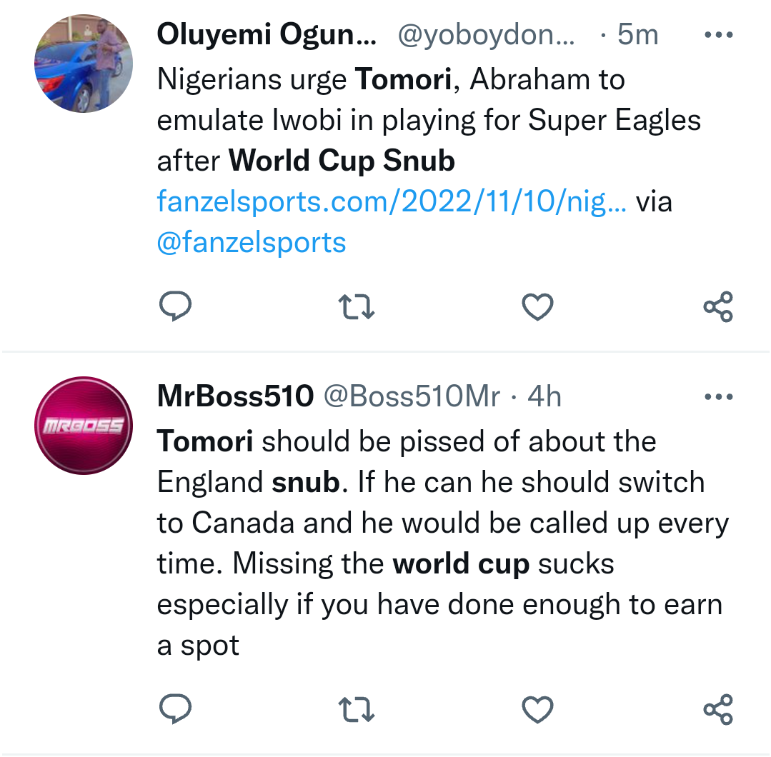 Nigerians takes swipe at Fikayo Tomori, Tammy Abraham and Eberechi Eze after they were left out of England world cup squad after snubbing Super Eagles