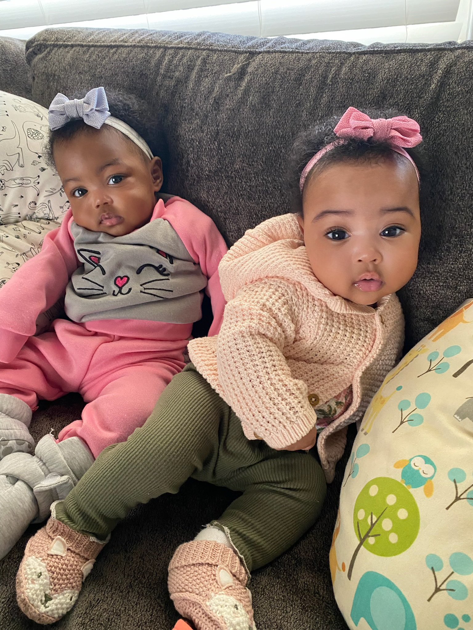 Photo of adorable twin girls born with different skin tones and are miniature versions of their parents